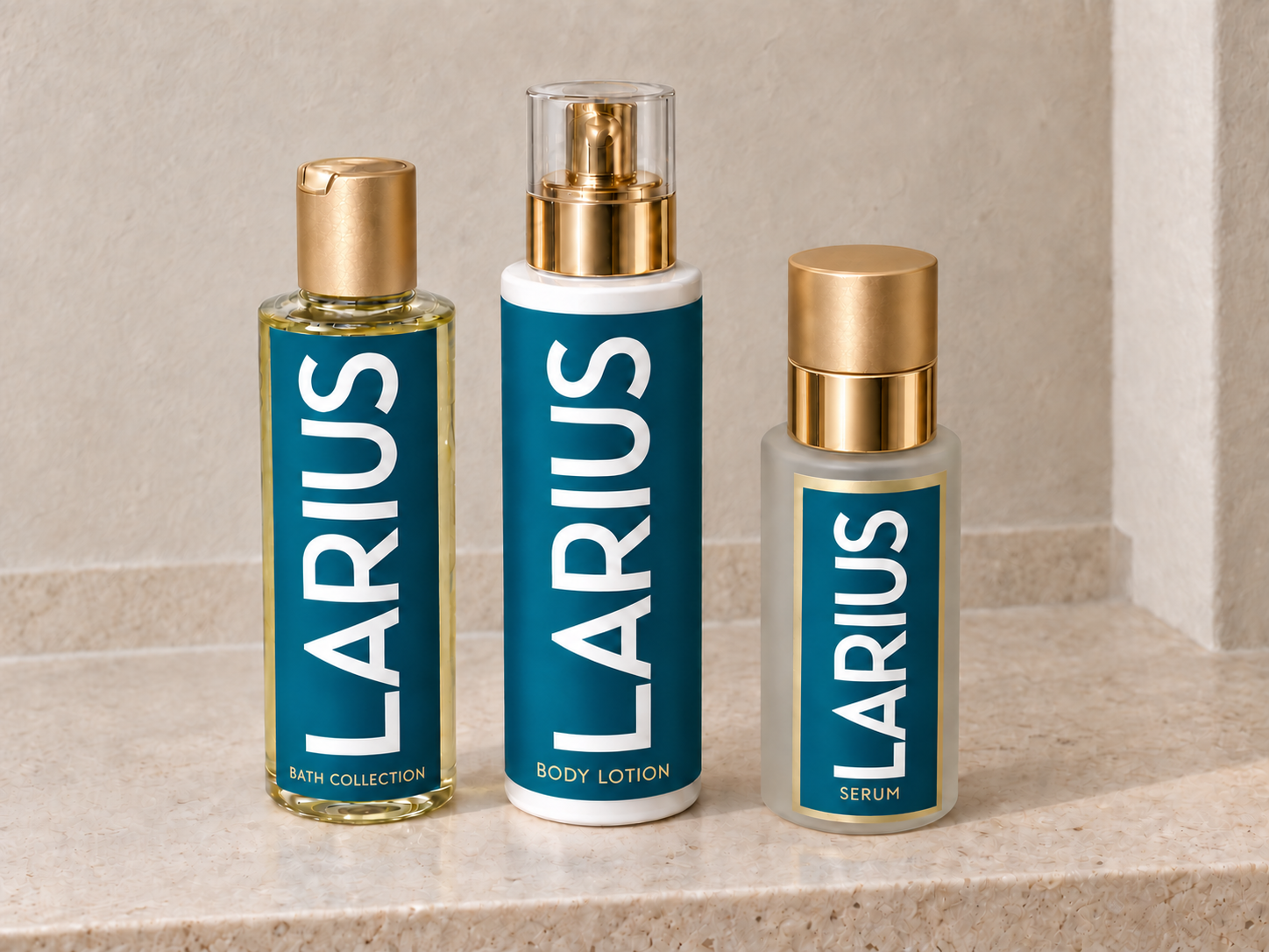 LARIUS bath collection, body lotion and serum with gold caps and blue-green labels on a pale stone vanity