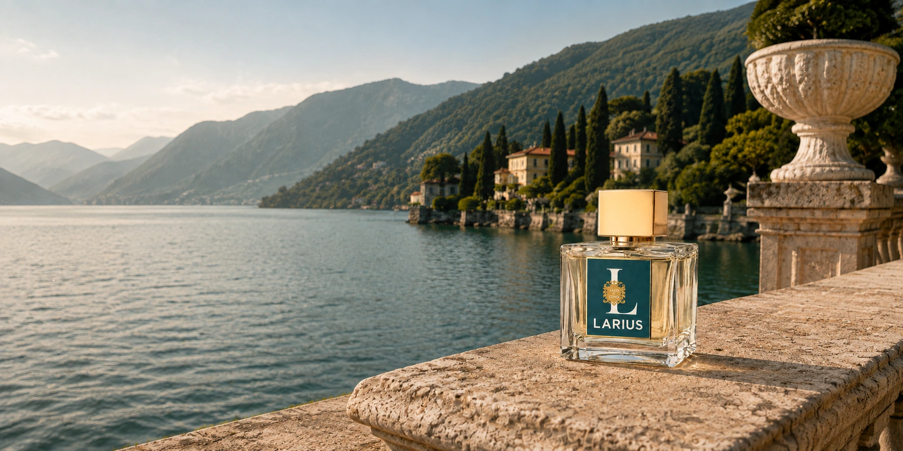 LARIUS perfume on a sunlit terrace overlooking Lake Como